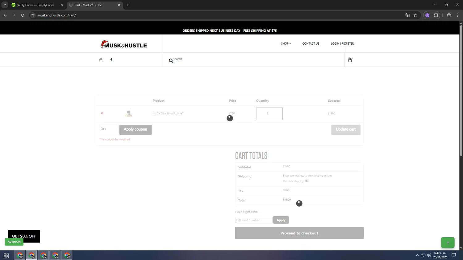 Musk & Hustle promo code screenshot showing code Bts applied at Musk & Hustle checkout page. Uploaded by SimplyCodes community member CashSage1885 on Nov 26, 2025