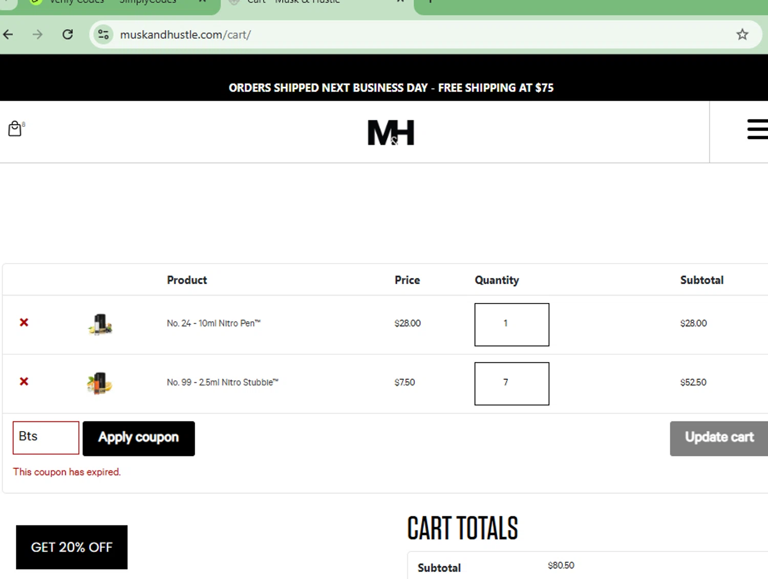Musk & Hustle promo code screenshot showing code Bts applied at Musk & Hustle checkout page. Uploaded by SimplyCodes community member CoinOwl9375 on Oct 28, 2025