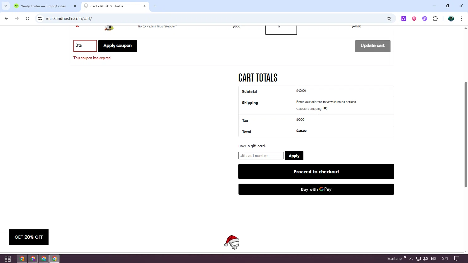 Musk & Hustle promo code screenshot showing code Bts applied at Musk & Hustle checkout page. Uploaded by SimplyCodes community member neurioandrades on Nov 26, 2025