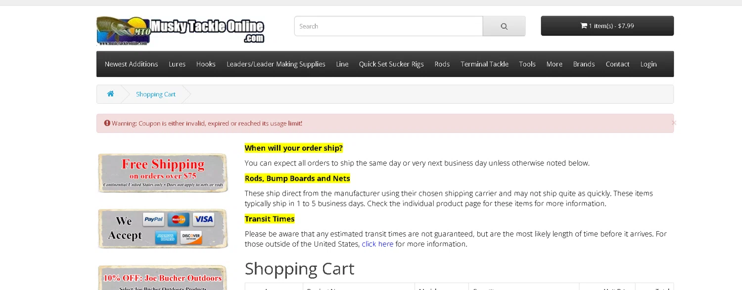 Musky Tackle Online promo code screenshot showing code THANKS2511 applied at Musky Tackle Online checkout page. Uploaded by SimplyCodes community member CRYSTALSUICINE on Feb 20, 2026