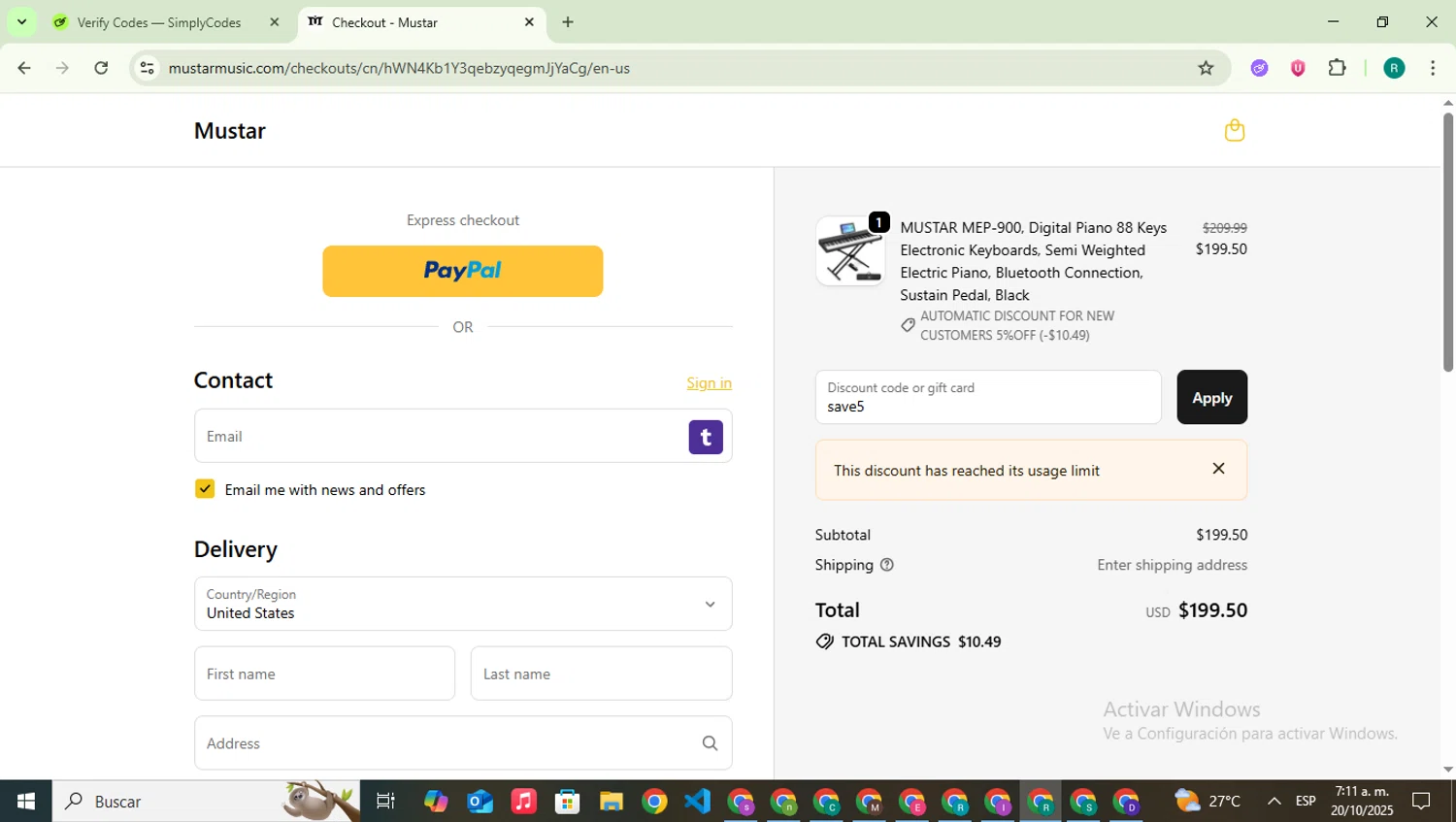 Mustar promo code screenshot showing code save5 applied at Mustar checkout page. Uploaded by SimplyCodes community member SavingsLegend387 on Oct 20, 2025