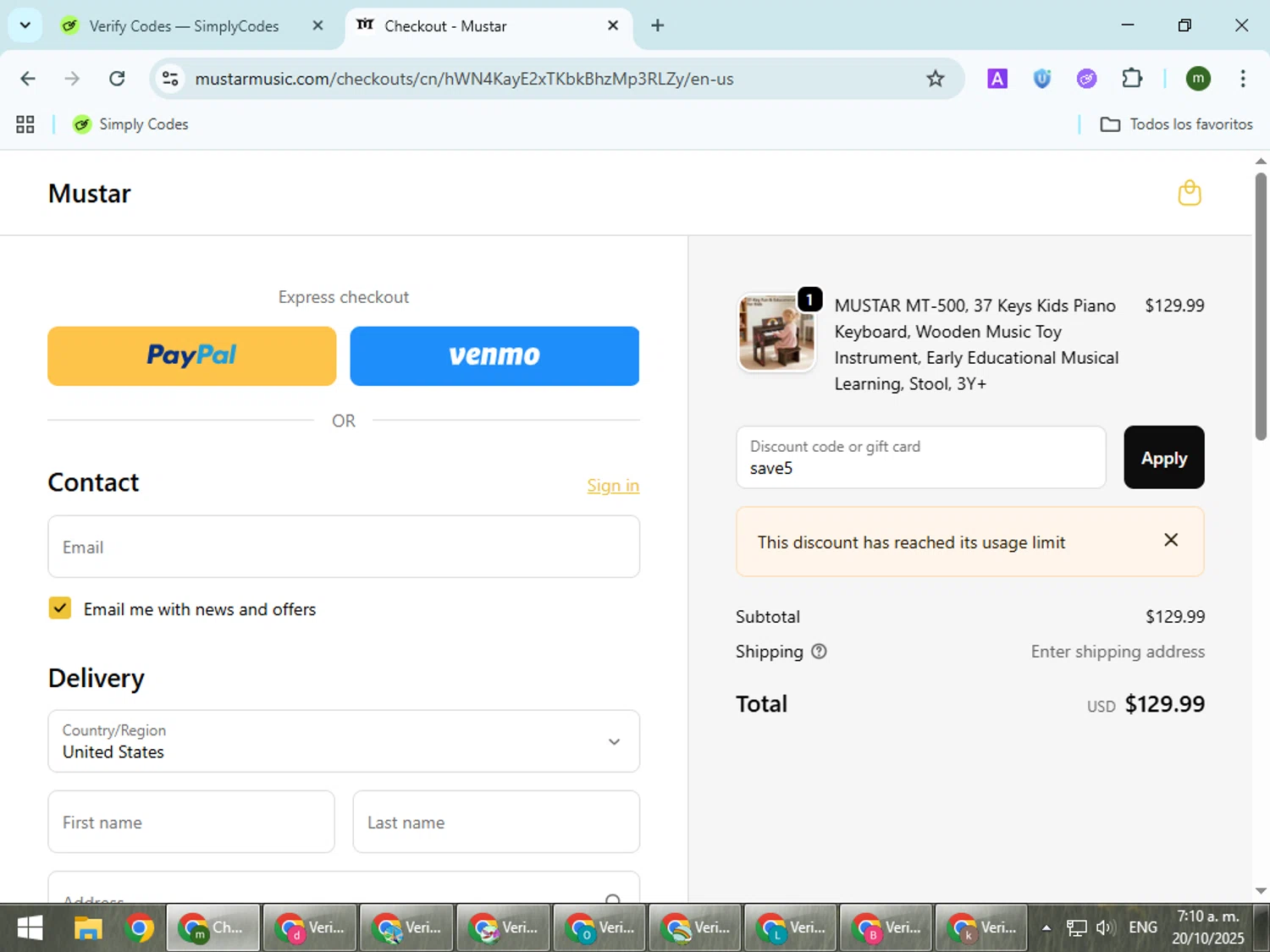 Mustar promo code screenshot showing code save5 applied at Mustar checkout page. Uploaded by SimplyCodes community member VoucherCollector9196 on Oct 20, 2025