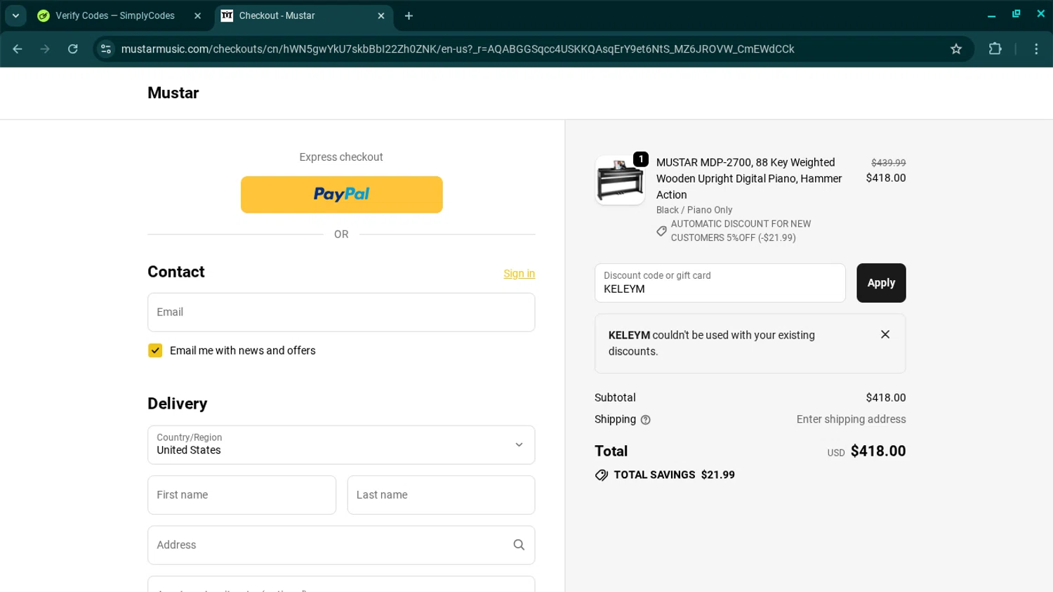 Mustar promo code screenshot showing code KELEYM applied at Mustar checkout page. Uploaded by SimplyCodes community member SwiftSage2309 on Nov 25, 2025