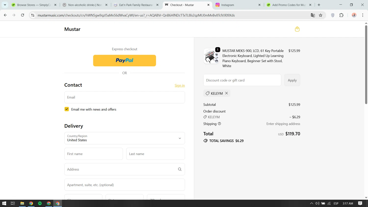 Mustar promo code screenshot showing code KELEYM applied at Mustar checkout page. Uploaded by SimplyCodes community member yokoono10 on Nov 25, 2025