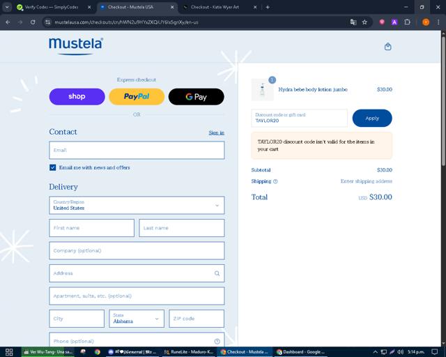Mustela checkout page showing Mustela promo code box | Screenshot taken by SimplyCodes community member on Sep 12, 2025