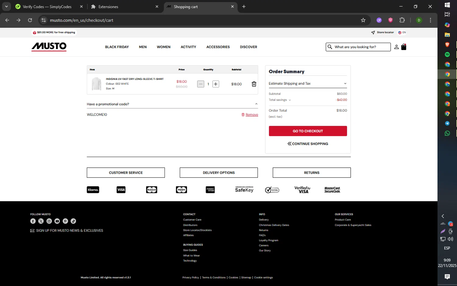 Musto discount code screenshot showing code WELCOME10 applied at Musto checkout page. Uploaded by SimplyCodes community member 61451681 on Nov 22, 2025