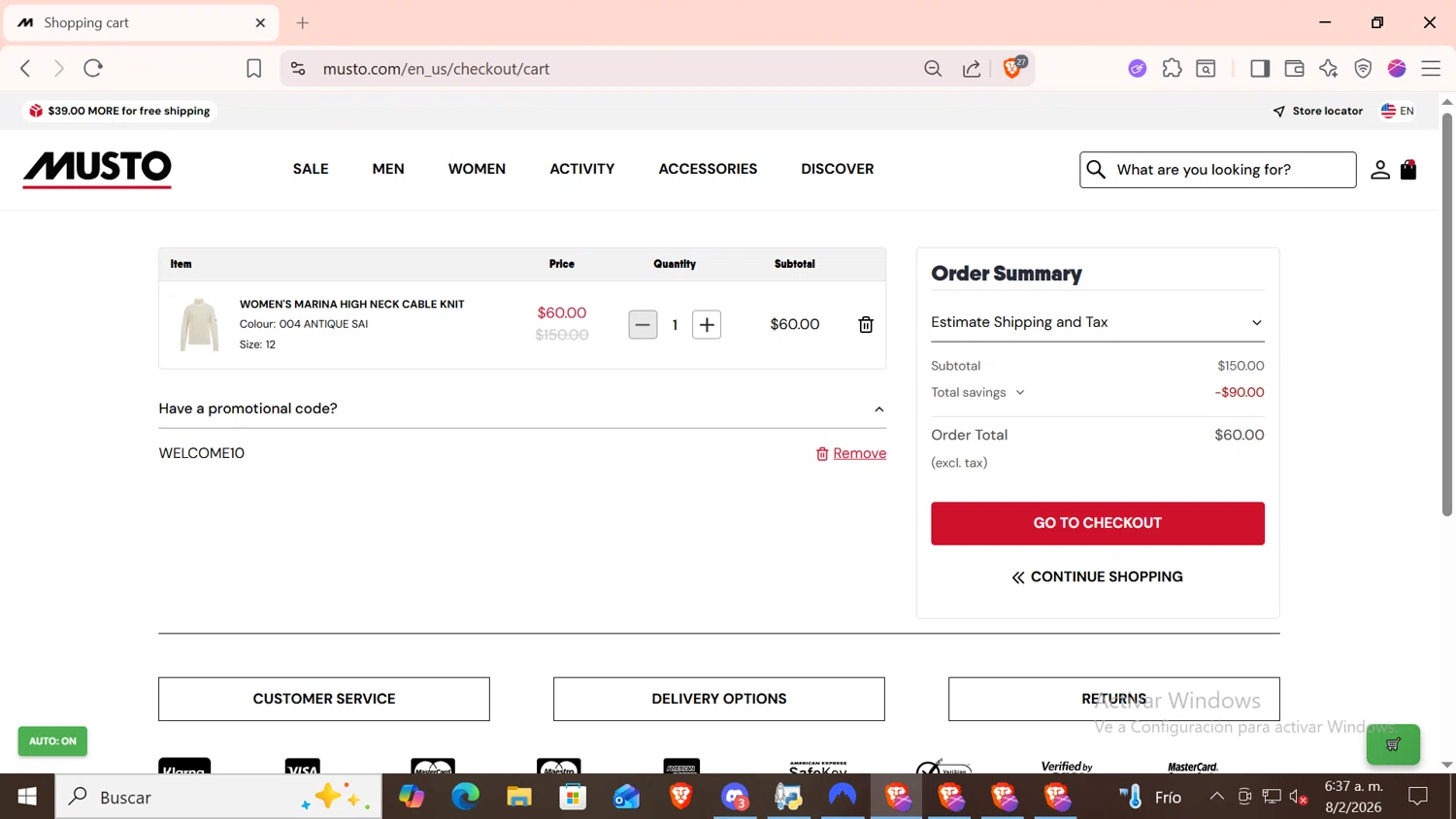 Musto checkout page showing Musto discount code box | Screenshot taken by SimplyCodes community member on Feb 8, 2026