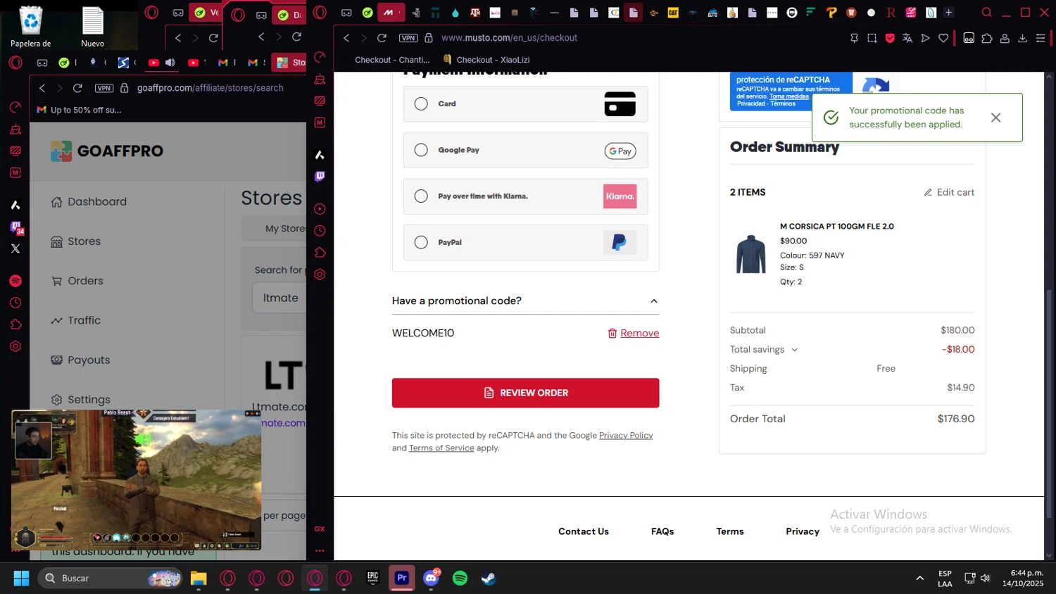Musto discount code screenshot showing code WELCOME10 applied at Musto checkout page. Uploaded by SimplyCodes community member Halanweik on Oct 14, 2025