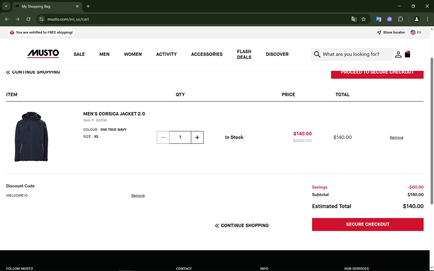 Musto discount code screenshot showing code WELCOME10 applied at Musto checkout page. Uploaded by SimplyCodes community member Kuromii_05 on Sep 5, 2025