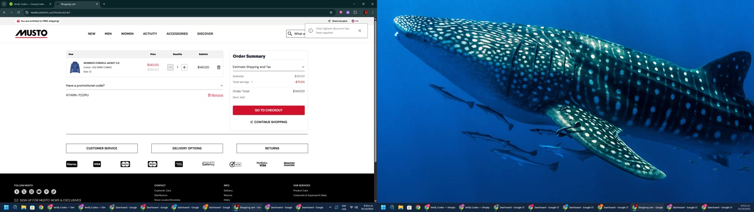 Musto discount code screenshot showing code NTWRK-7OZ1PU applied at Musto checkout page. Uploaded by SimplyCodes community member BrilliantSaver7516 on Oct 31, 2025