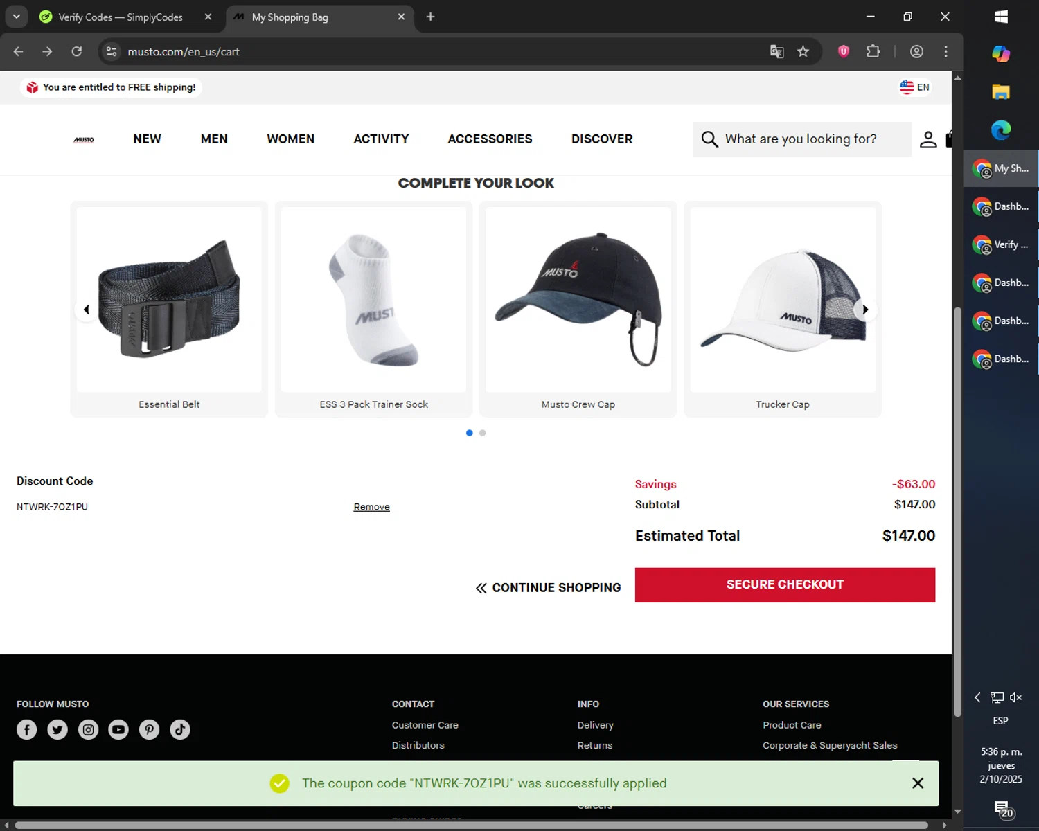 Musto discount code screenshot showing code NTWRK-7OZ1PU applied at Musto checkout page. Uploaded by SimplyCodes community member Cynoxx on Oct 2, 2025