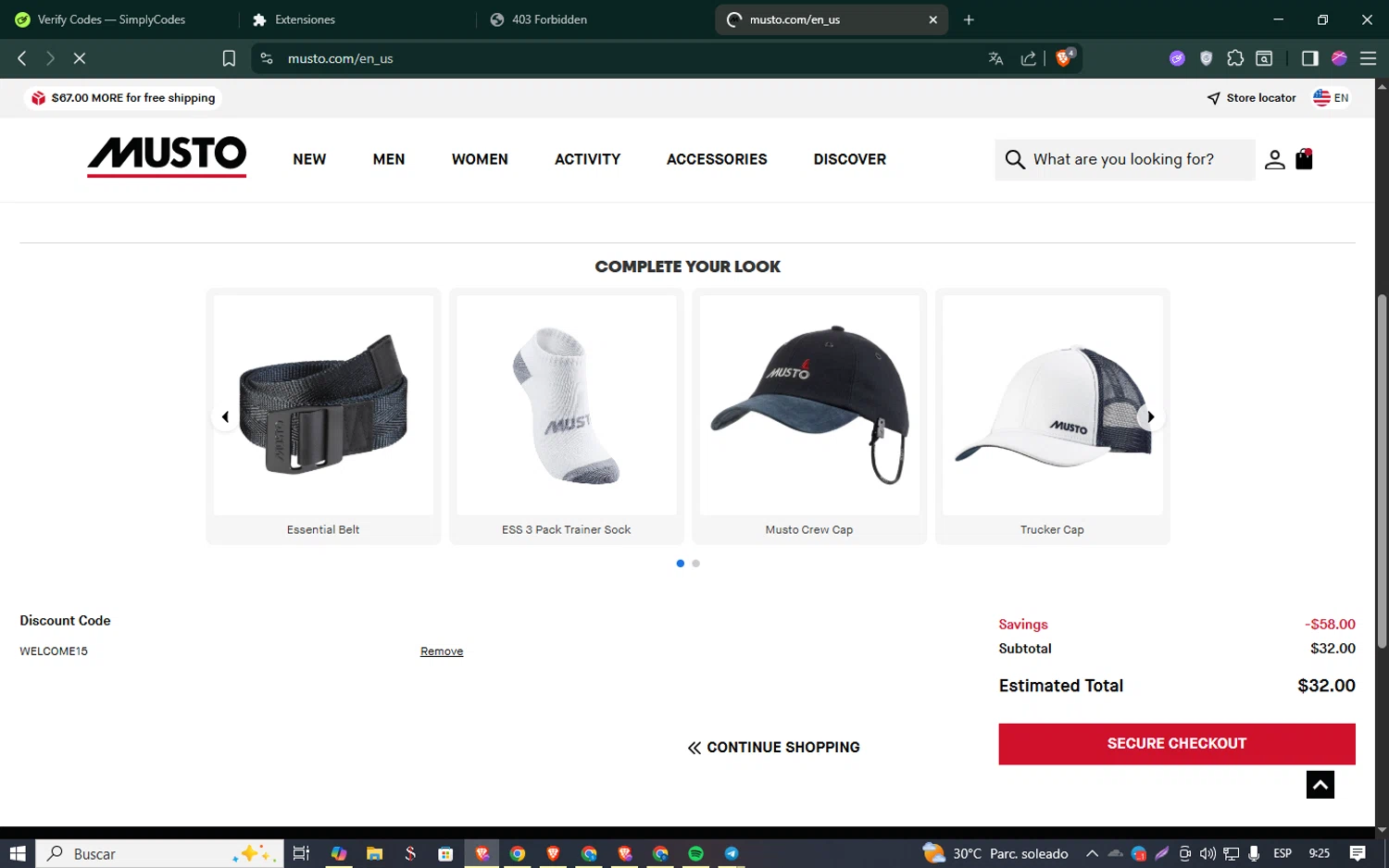 Musto discount code screenshot showing code WELCOME15 applied at Musto checkout page. Uploaded by SimplyCodes community member SmartSaver5448 on Sep 29, 2025