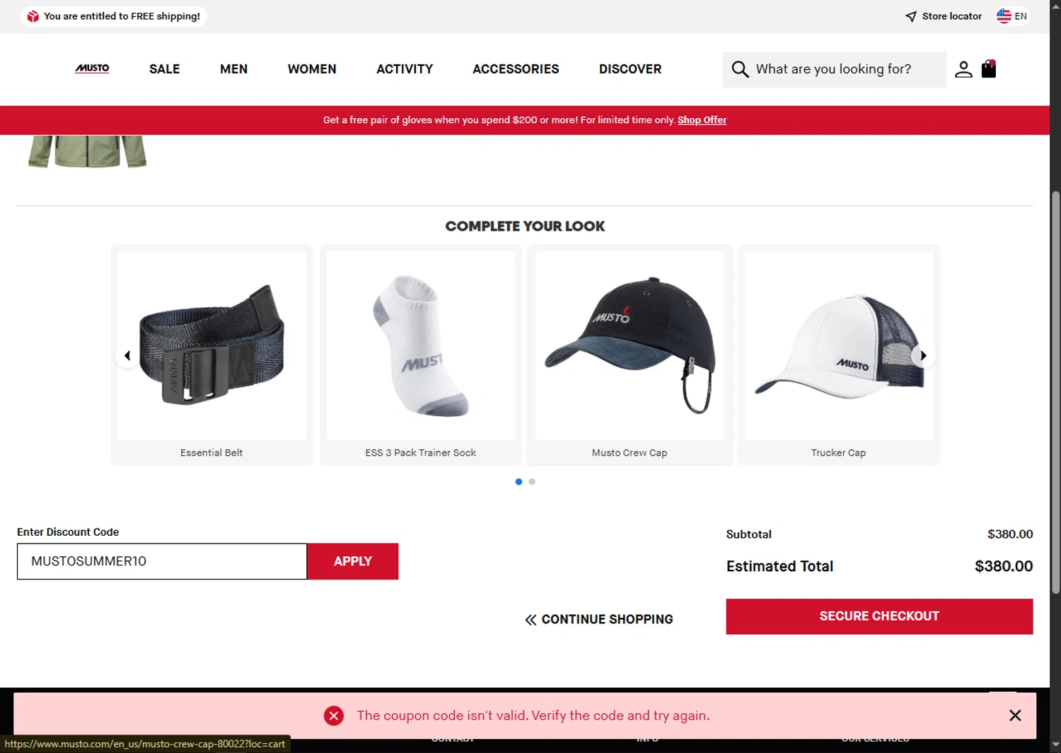 Musto discount code screenshot showing code MUSTOSUMMER10 applied at Musto checkout page. Uploaded by SimplyCodes community member SwiftTracker8156 on Sep 2, 2025