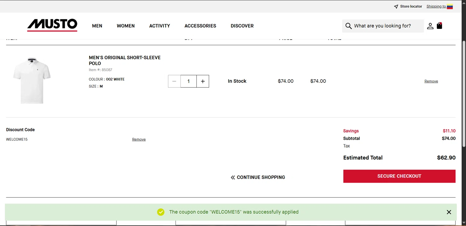 Musto discount code screenshot showing code WELCOME15 applied at Musto checkout page. Uploaded by SimplyCodes community member juanvargas1 on Aug 2, 2025