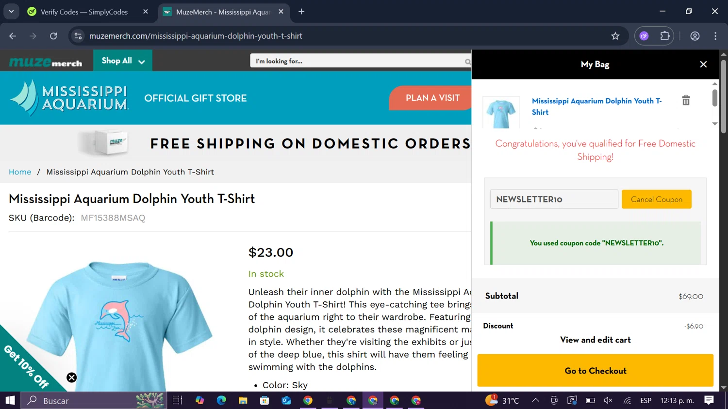 MuzeMerch discount code screenshot showing code NEWSLETTER10 applied at MuzeMerch checkout page. Uploaded by SimplyCodes community member SmartLegend506 on Oct 29, 2025