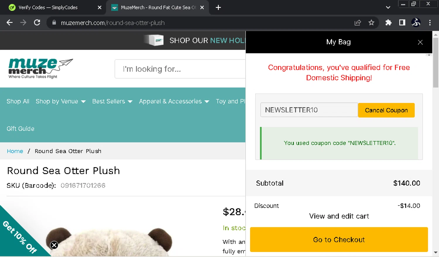 MuzeMerch discount code screenshot showing code NEWSLETTER10 applied at MuzeMerch checkout page. Uploaded by SimplyCodes community member SwiftOwl697 on Dec 9, 2025