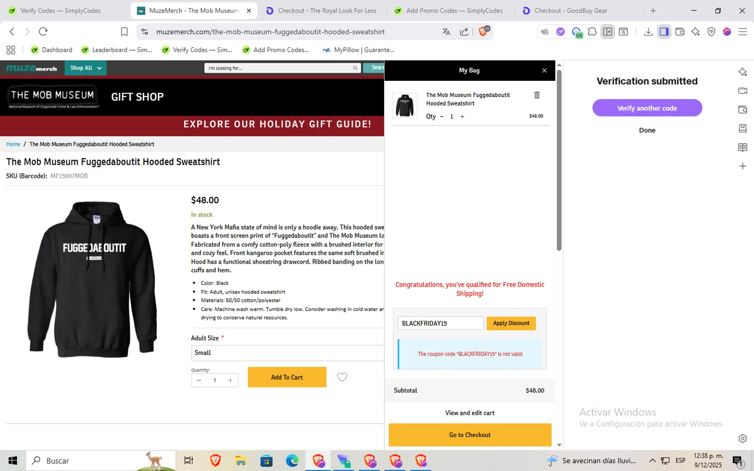 MuzeMerch discount code screenshot showing code BLACKFRIDAY15 applied at MuzeMerch checkout page. Uploaded by SimplyCodes community member Rayyyyyy on Dec 9, 2025