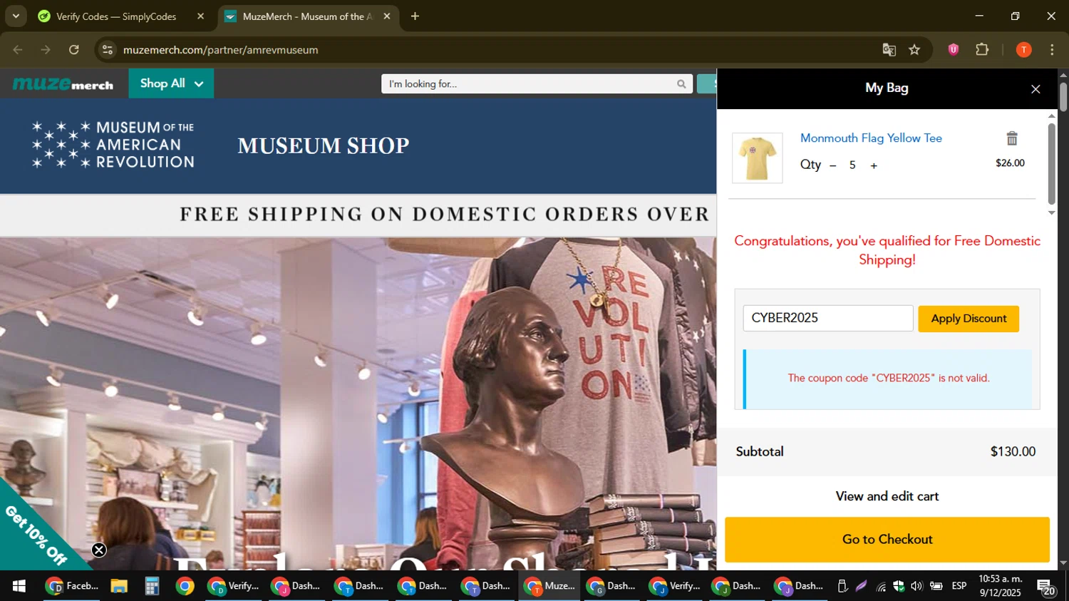 MuzeMerch discount code screenshot showing code CYBER2025 applied at MuzeMerch checkout page. Uploaded by SimplyCodes community member ShrewdAce8338 on Dec 9, 2025