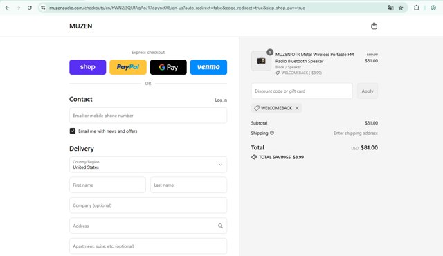 Muzen Audio checkout page showing Muzen Audio promo code box | Screenshot taken by SimplyCodes community member on Sep 8, 2025