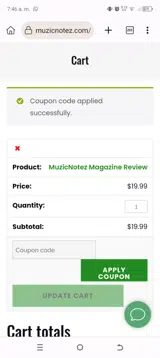 MuzicNotez coupon verification screenshot