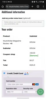 MuzicNotez coupon verification screenshot