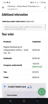 MuzicNotez coupon verification screenshot