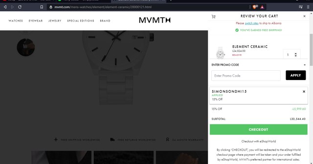MVMT checkout page showing MVMT promo code box | Screenshot taken by SimplyCodes community member on Mar 11, 2021