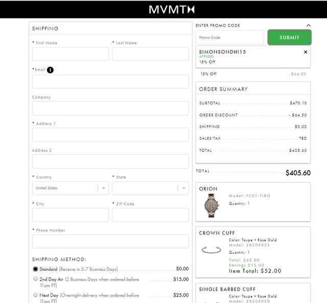 MVMT checkout page showing MVMT promo code box | Screenshot taken by SimplyCodes community member on Mar 6, 2021