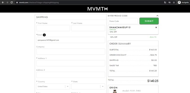 MVMT checkout page showing MVMT promo code box | Screenshot taken by SimplyCodes community member on Mar 6, 2021
