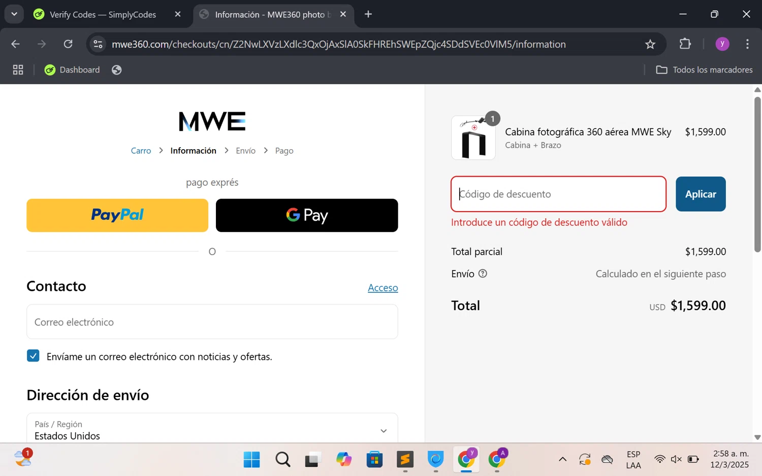 MWE360 promo code screenshot showing code MWE25 applied at MWE360 checkout page. Uploaded by SimplyCodes community member FrugalKnight6753 on Mar 12, 2025