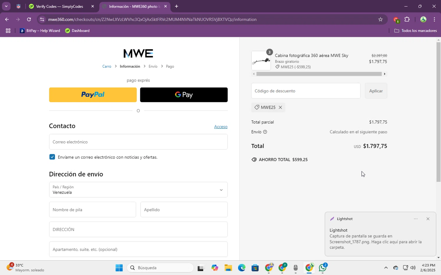 MWE360 promo code screenshot showing code MWE25 applied at MWE360 checkout page. Uploaded by SimplyCodes community member jungrimar on Feb 6, 2025