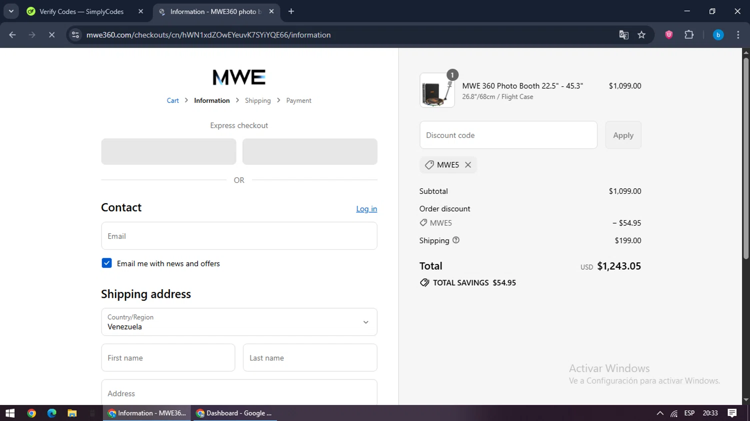 MWE360 promo code screenshot showing code MWE5 applied at MWE360 checkout page. Uploaded by SimplyCodes community member bilijr on Aug 19, 2025