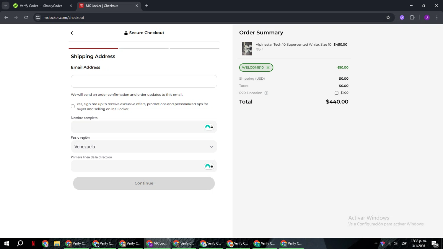 MX Locker discount code screenshot showing code WELCOME10 applied at MX Locker checkout page. Uploaded by SimplyCodes community member ComeBurra123 on Jan 3, 2026