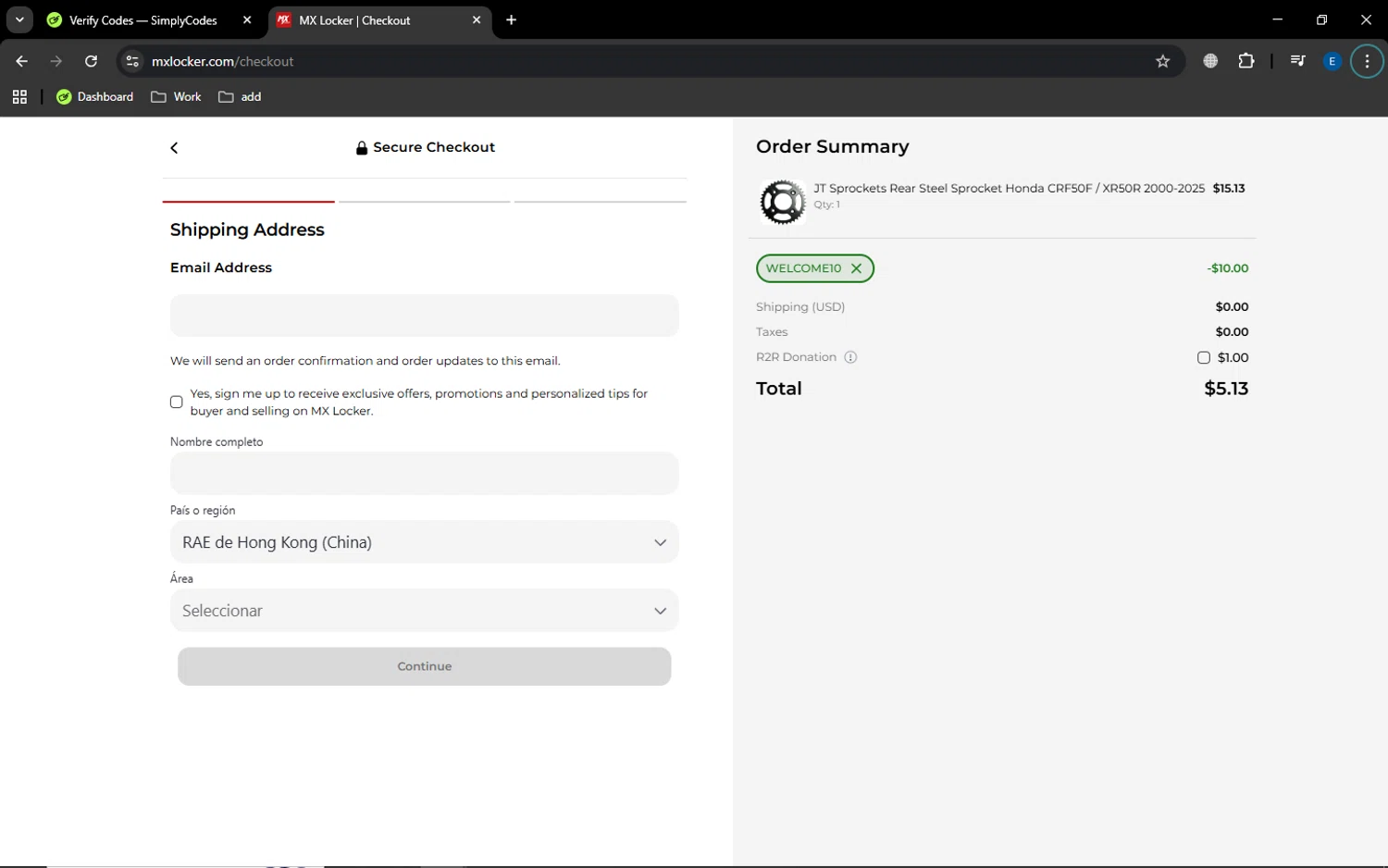 MX Locker discount code screenshot showing code WELCOME10 applied at MX Locker checkout page. Uploaded by SimplyCodes community member MoneyGenius452 on Nov 6, 2025