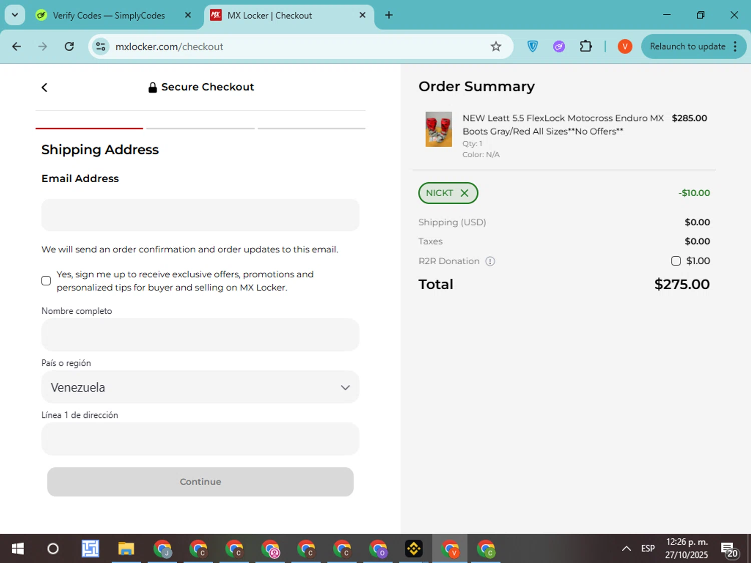 MX Locker discount code screenshot showing code NICKT applied at MX Locker checkout page. Uploaded by SimplyCodes community member CodeMonarch8148 on Oct 27, 2025