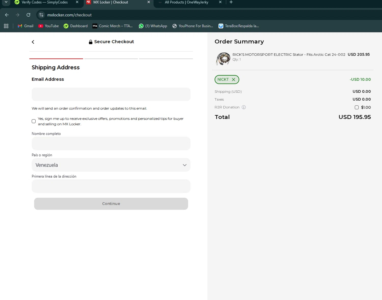 MX Locker discount code screenshot showing code NICKT applied at MX Locker checkout page. Uploaded by SimplyCodes community member avatar on Nov 25, 2025