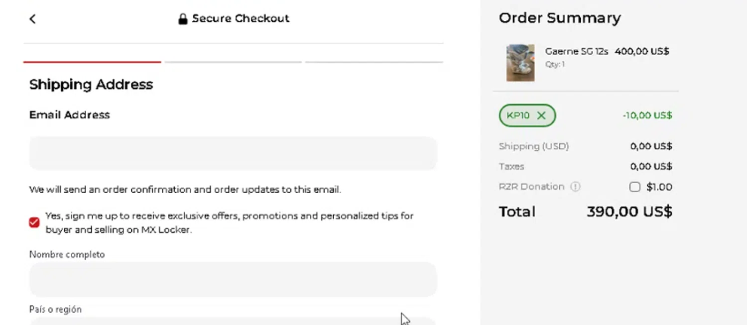 MX Locker discount code screenshot showing code KP10 applied at MX Locker checkout page. Uploaded by SimplyCodes community member xier22 on Oct 27, 2025