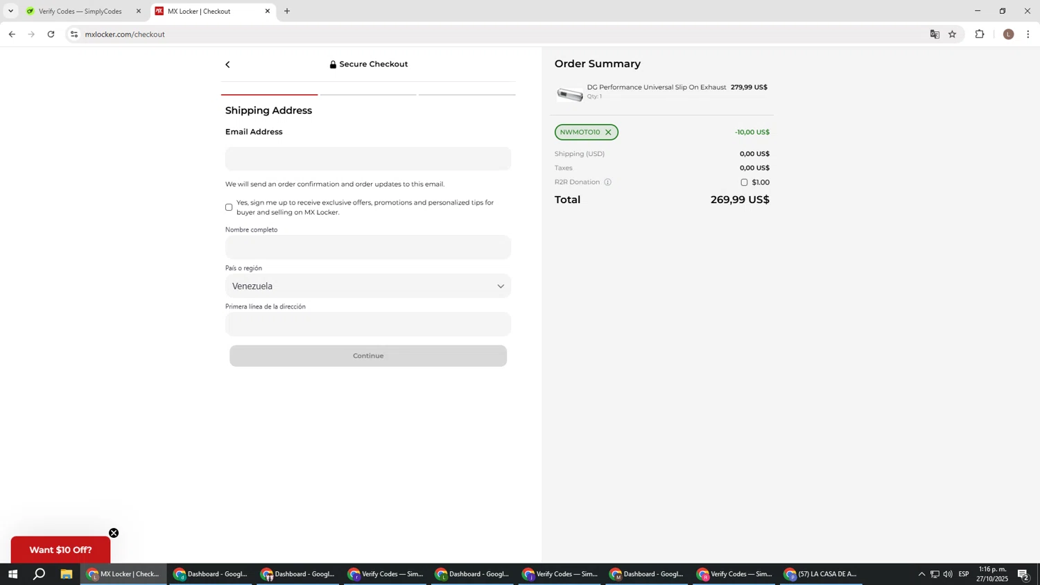 MX Locker discount code screenshot showing code NWMOTO10 applied at MX Locker checkout page. Uploaded by SimplyCodes community member BENELLI on Oct 27, 2025