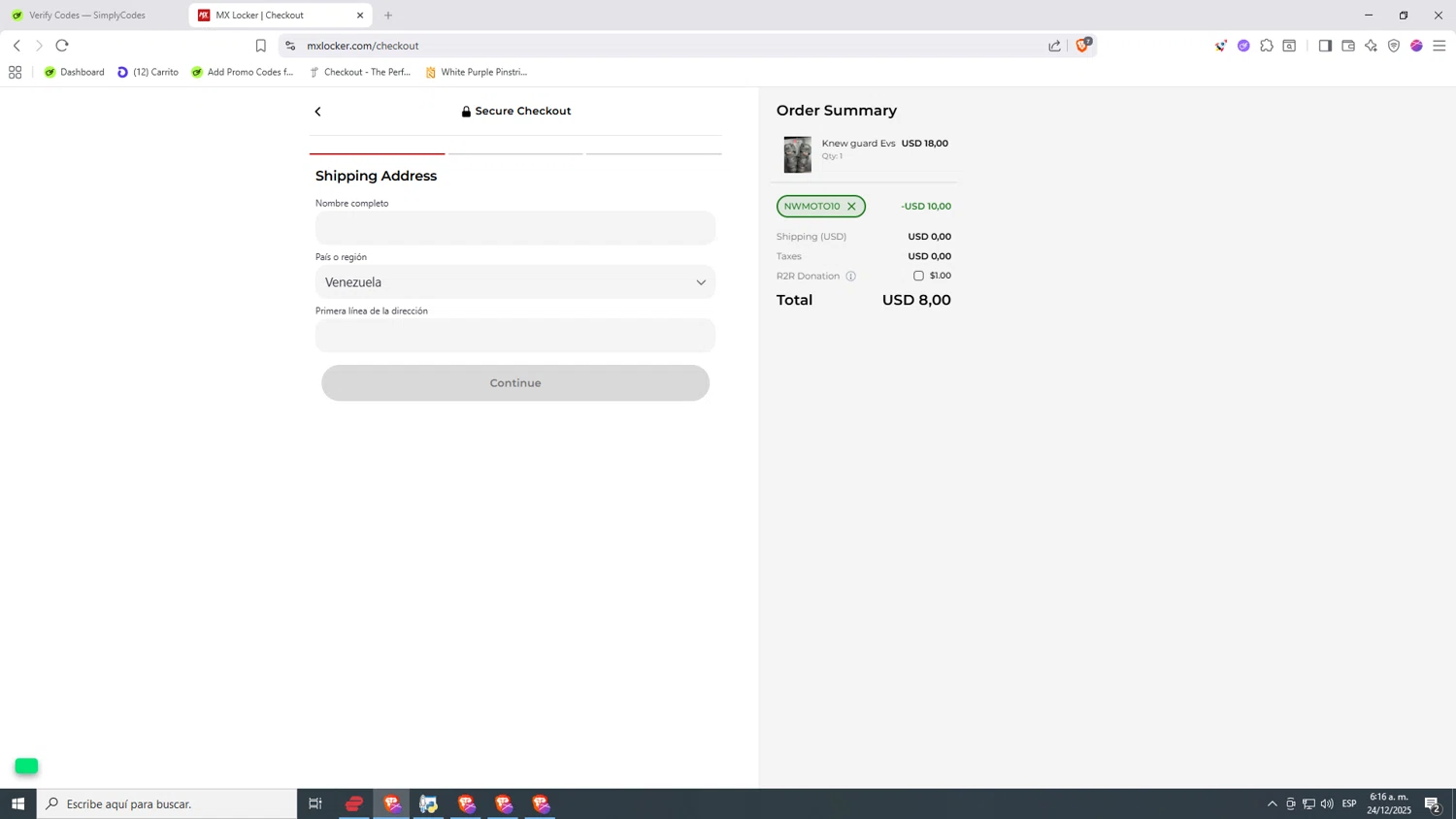 MX Locker discount code screenshot showing code NWMOTO10 applied at MX Locker checkout page. Uploaded by SimplyCodes community member Nezukooo on Dec 24, 2025