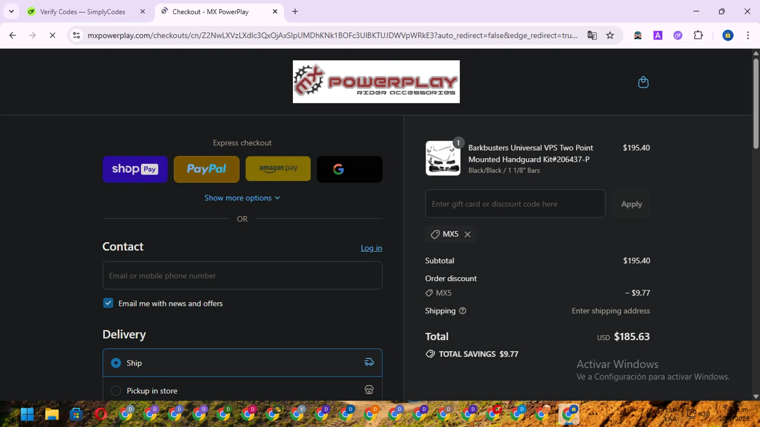 MX PowerPlay promo code screenshot showing code MX5 applied at MX PowerPlay checkout page. Uploaded by SimplyCodes community member SwiftWarden6832 on Jul 10, 2025