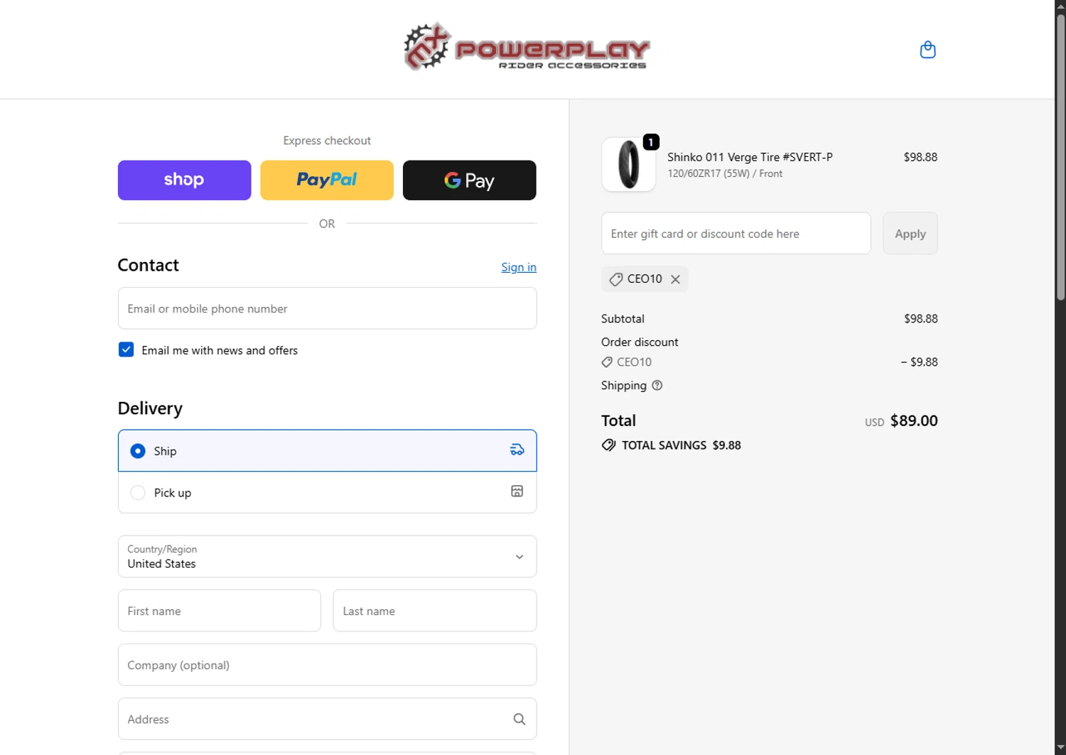 MX PowerPlay promo code screenshot showing code CEO10 applied at MX PowerPlay checkout page. Uploaded by SimplyCodes community member GoldPhoenix3793 on Nov 21, 2025