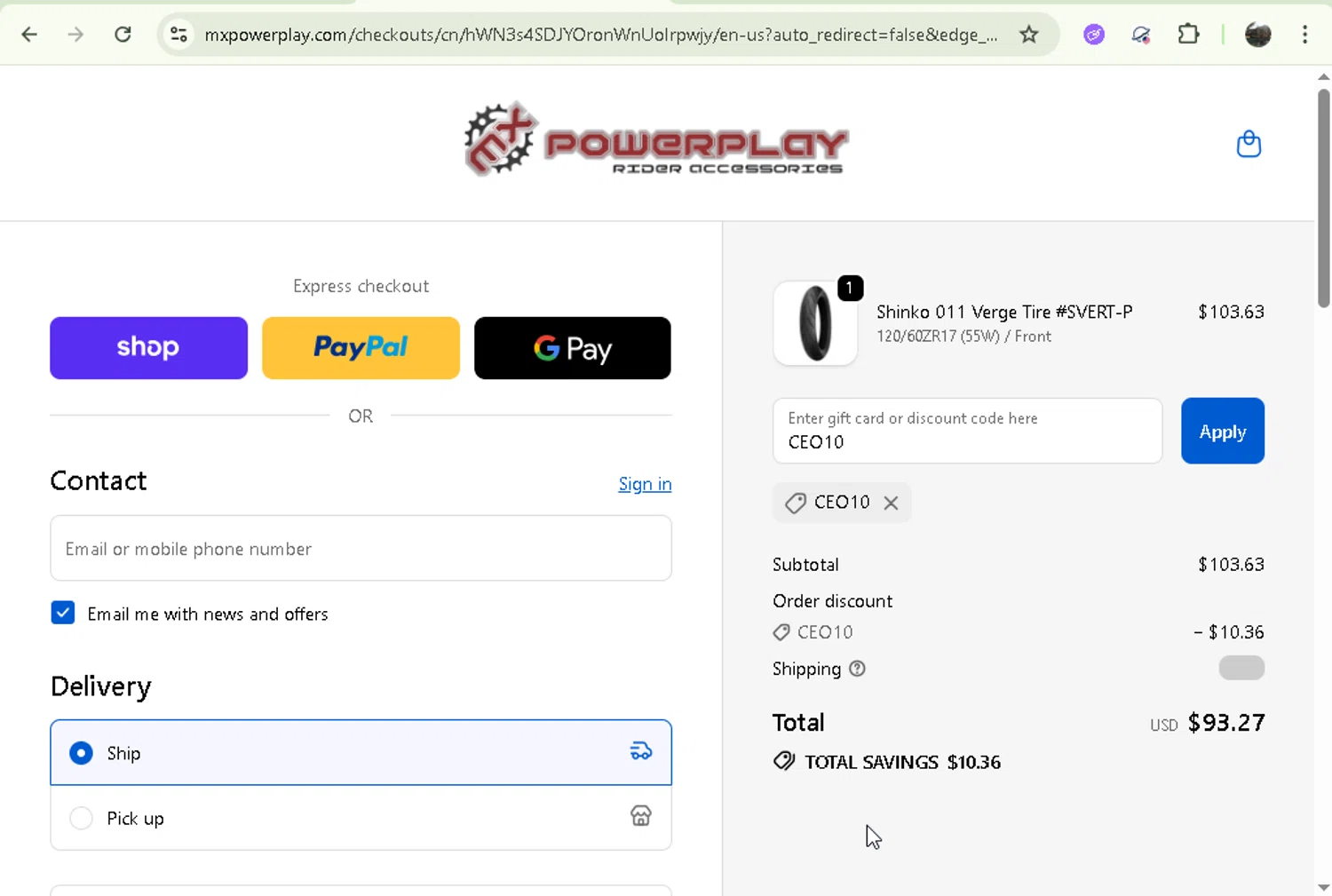 MX PowerPlay promo code screenshot showing code CEO10 applied at MX PowerPlay checkout page. Uploaded by SimplyCodes community member Jesusvasquezzz on Oct 8, 2025
