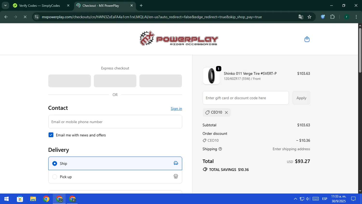 MX PowerPlay promo code screenshot showing code CEO10 applied at MX PowerPlay checkout page. Uploaded by SimplyCodes community member rodri1 on Sep 30, 2025
