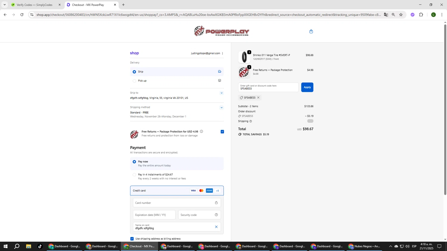 MX PowerPlay promo code screenshot showing code SF5ABES5 applied at MX PowerPlay checkout page. Uploaded by SimplyCodes community member DUCATI on Nov 21, 2025