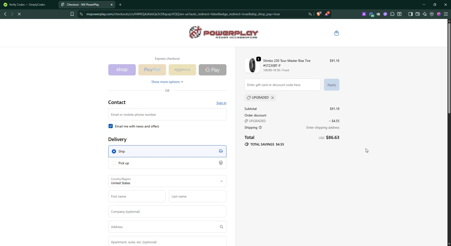 MX PowerPlay promo code screenshot showing code UPGRADED applied at MX PowerPlay checkout page. Uploaded by SimplyCodes community member BonusShopper4099 on Oct 4, 2025