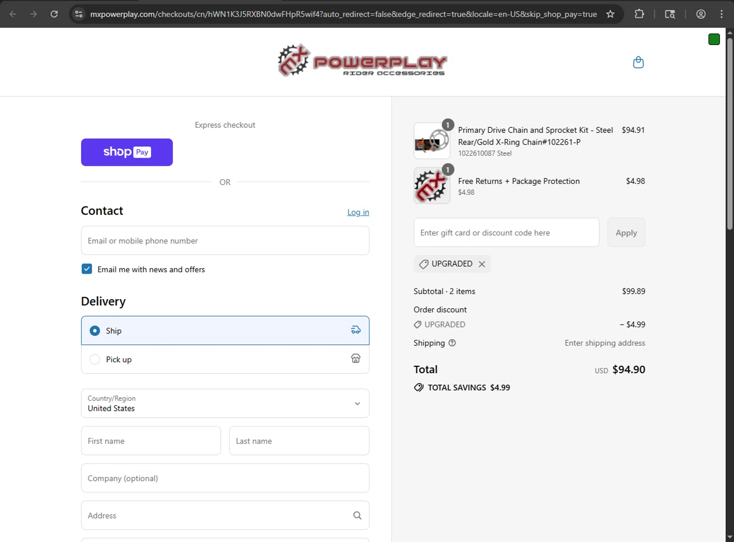 MX PowerPlay promo code screenshot showing code UPGRADED applied at MX PowerPlay checkout page. Uploaded by SimplyCodes community member megagei on Aug 2, 2025