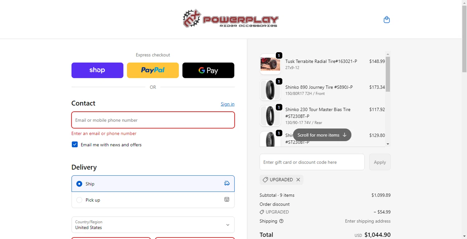 MX PowerPlay promo code screenshot showing code UPGRADED applied at MX PowerPlay checkout page. Uploaded by SimplyCodes community member PennyOwl696 on Nov 4, 2025