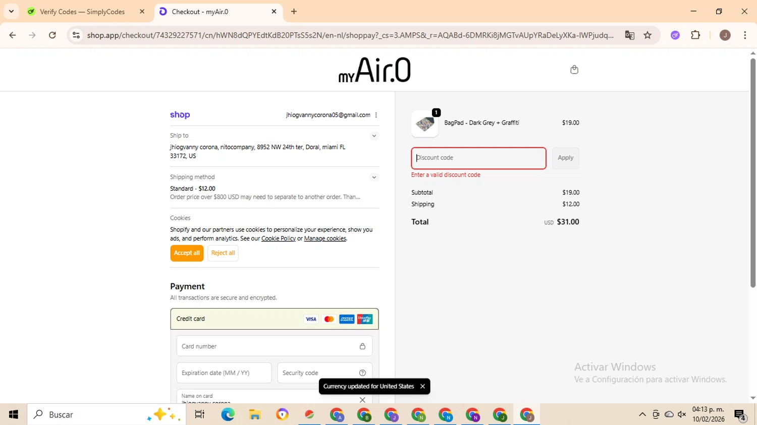 myAir.0 promo code screenshot showing code HOLIDAY25 applied at myAir.0 checkout page. Uploaded by SimplyCodes community member ValiantHero2365 on Feb 10, 2026