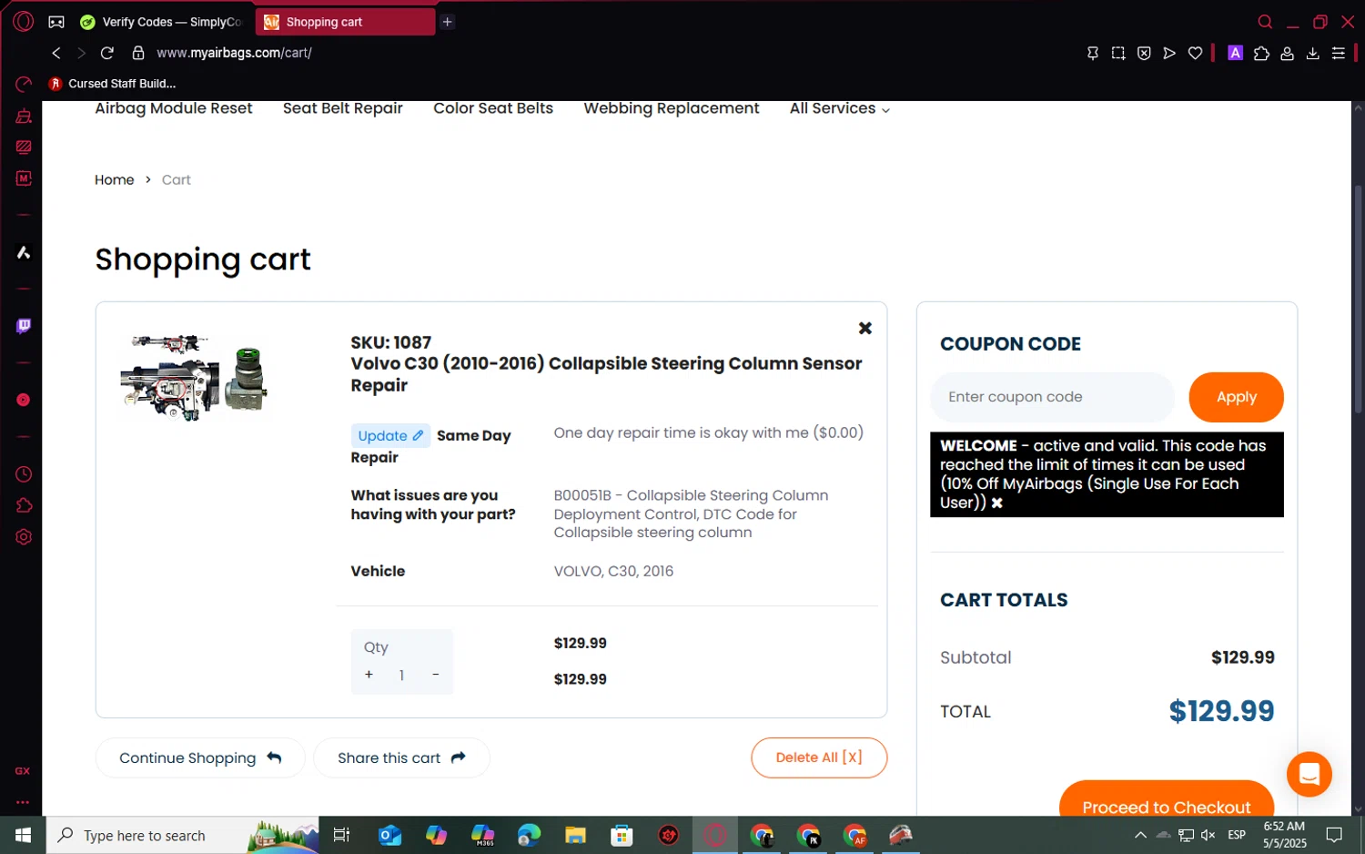 MyAirbags coupon code screenshot showing code WELCOME applied at MyAirbags checkout page. Uploaded by SimplyCodes community member CristianoRonaldoDosSantos on May 5, 2025