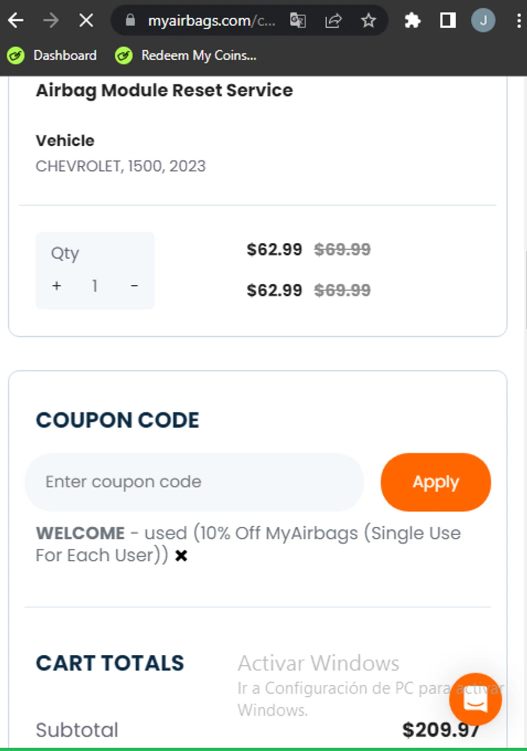 MyAirbags checkout page showing MyAirbags coupon code box | Screenshot taken by SimplyCodes community member on Mar 8, 2025